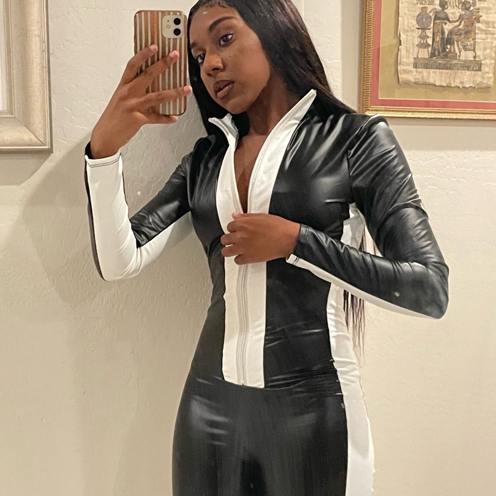 Black white striped leather jumper